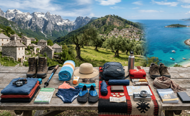 ציוד מונח על שולחן על רקע נופי אלבניה